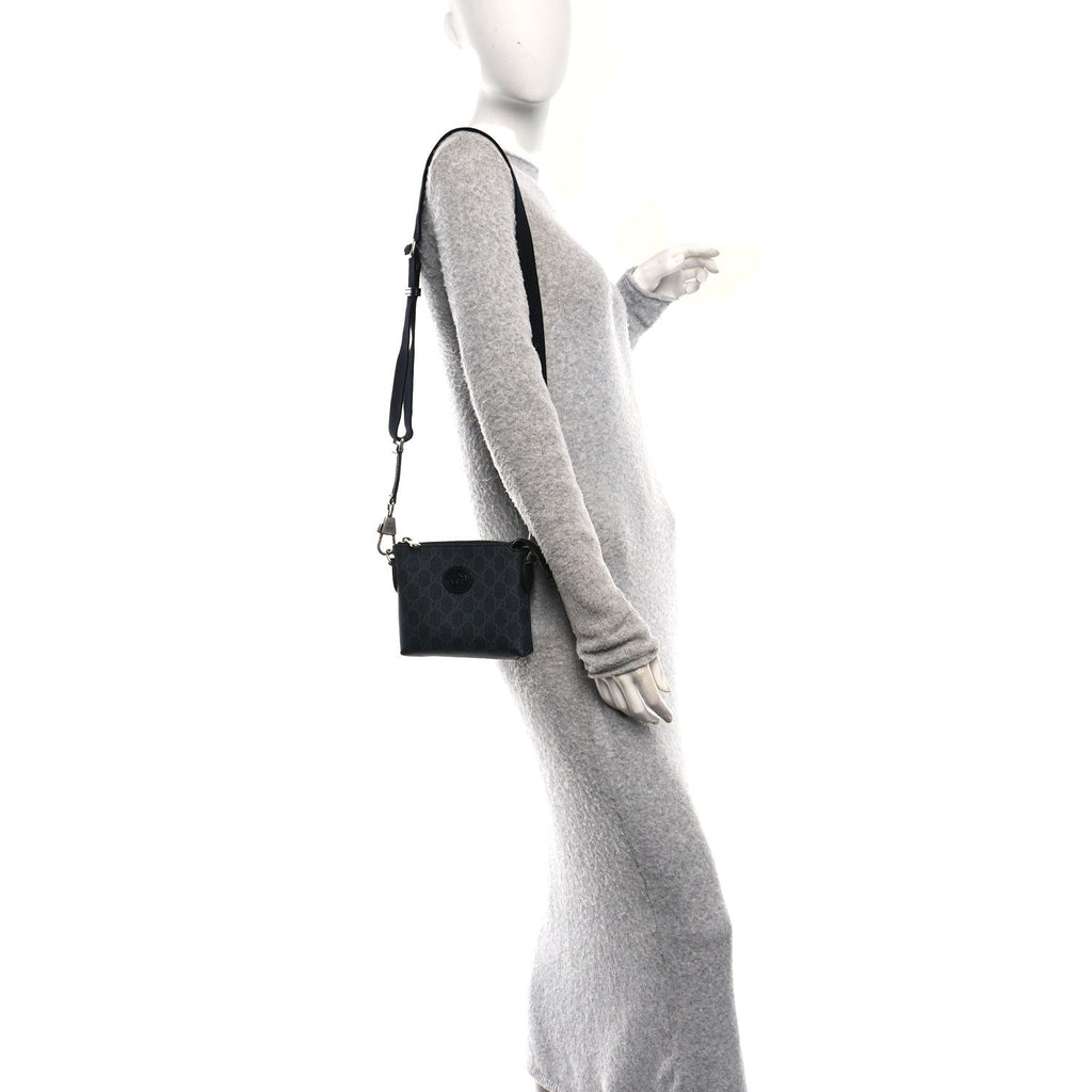 GG Supreme Monogram Azalea Calfskin Small Retro Interlocking G Wristlet Messenger Bag Black
