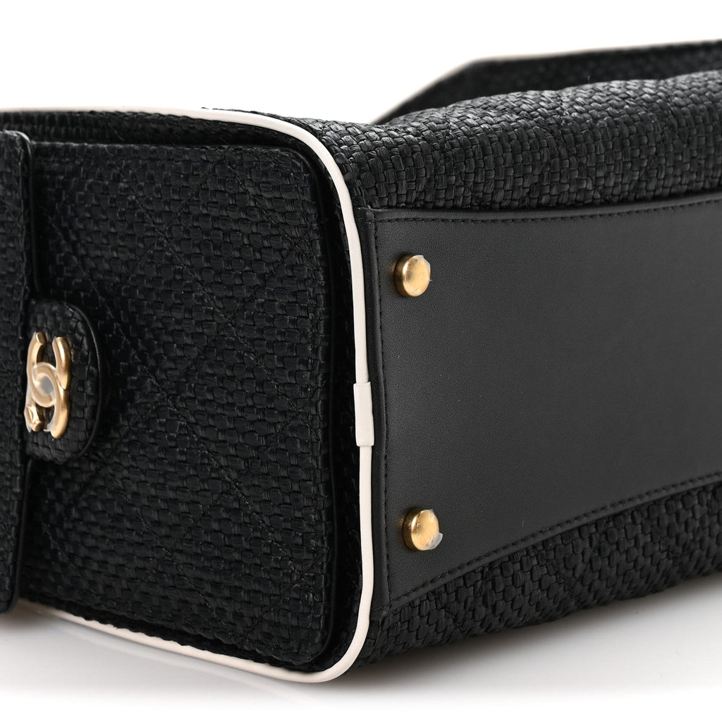 Braided Raffia Calfskin Small Chanel 25 Handbag Black White