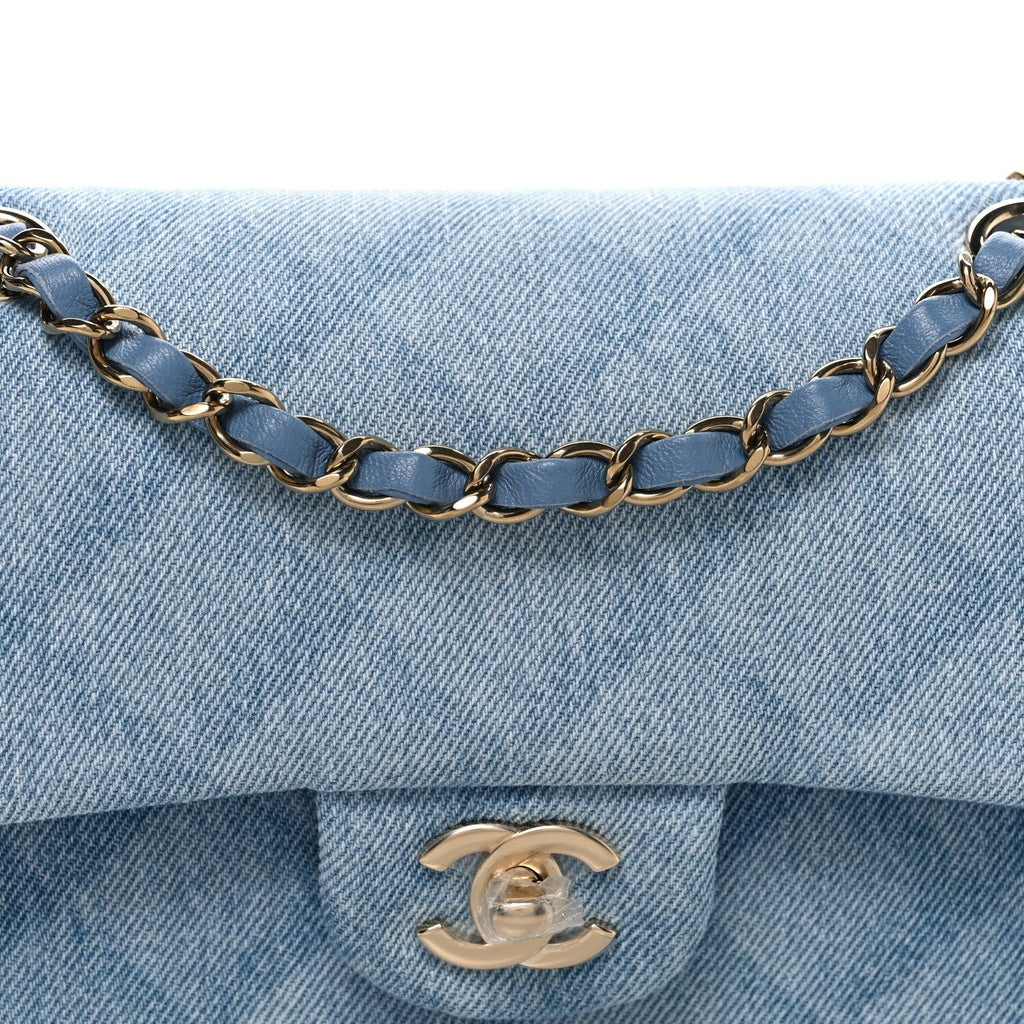 Printed Denim Quilted Small Double Flap Light Blue