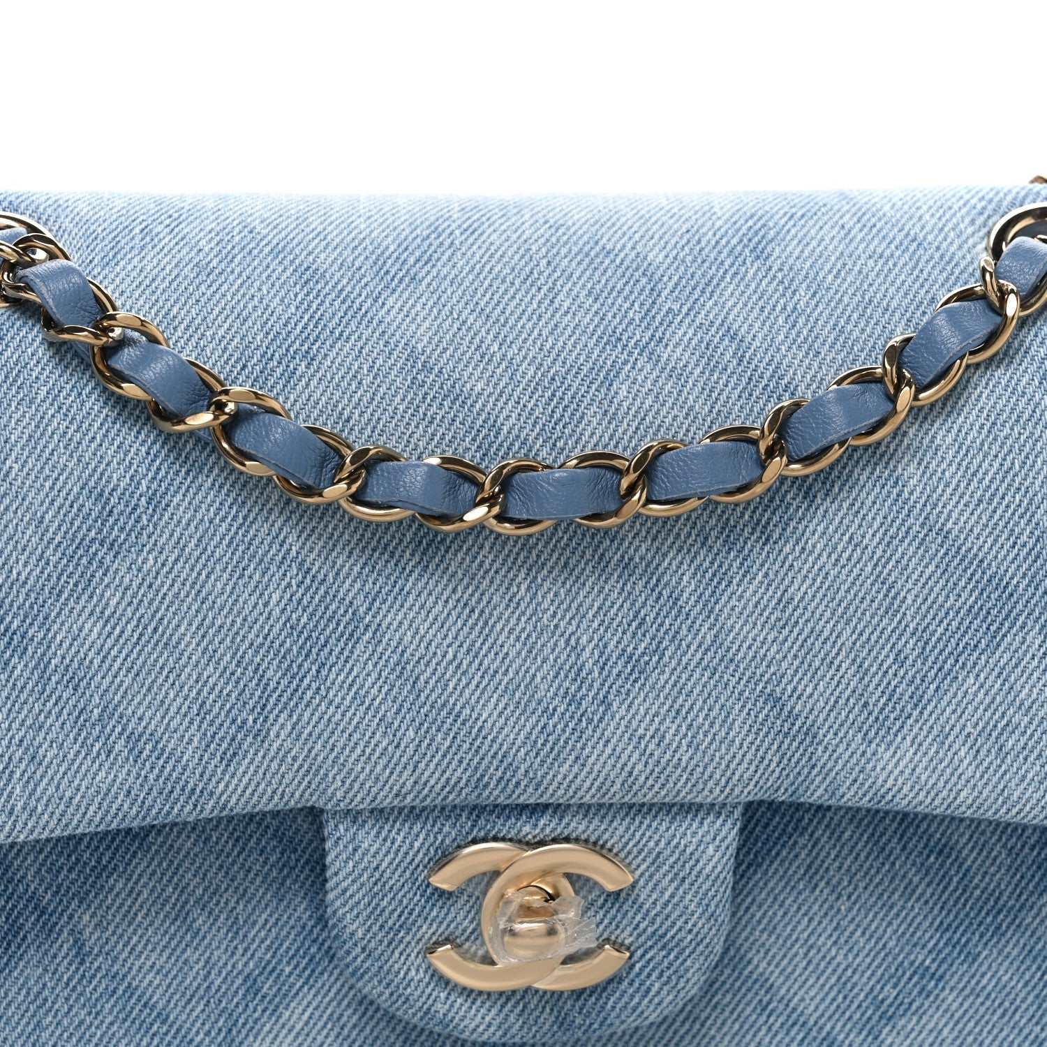 Printed Denim Quilted Small Double Flap Light Blue