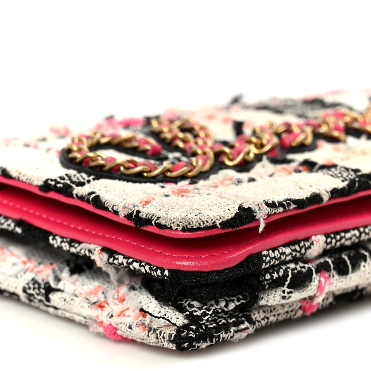 Tweed Calfskin Signe Wallet On Chain WOC Black Pink Orange