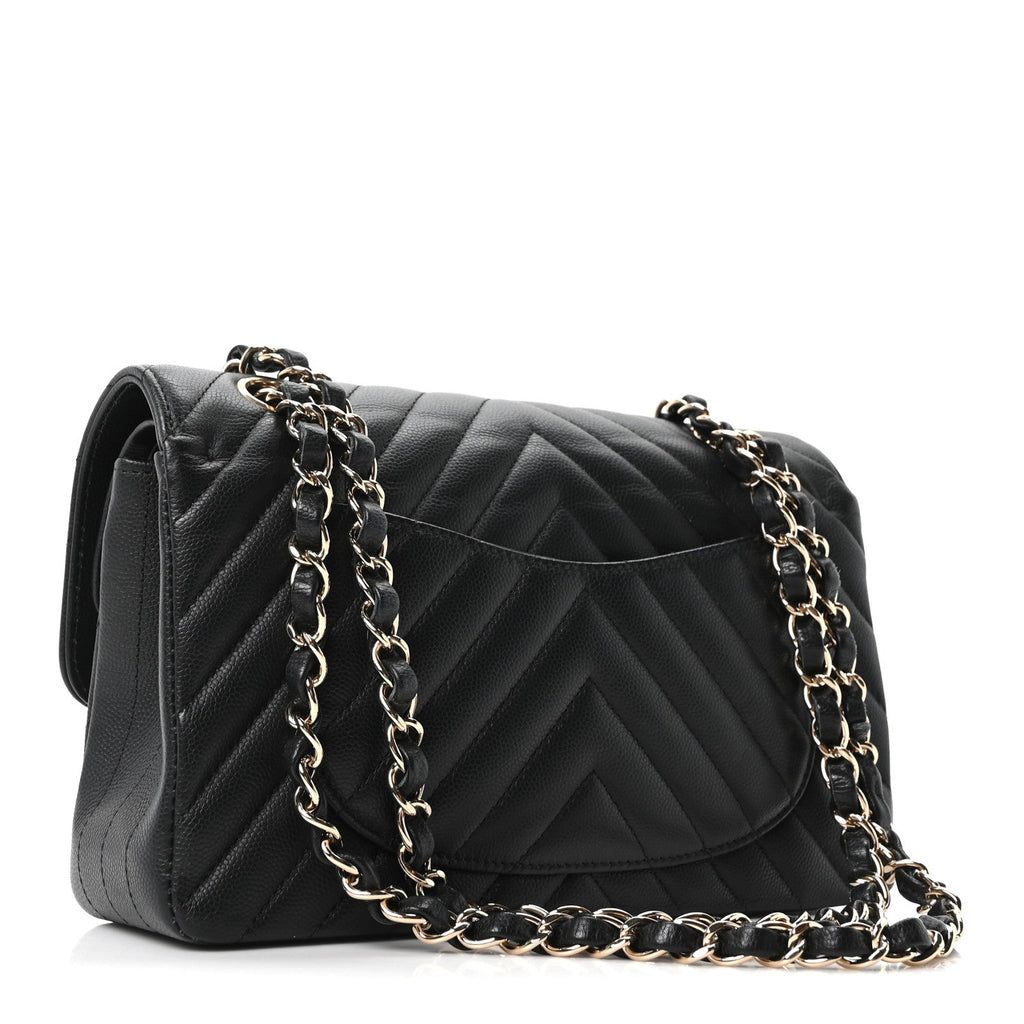 Caviar Chevron Quilted Small Double Flap Black
