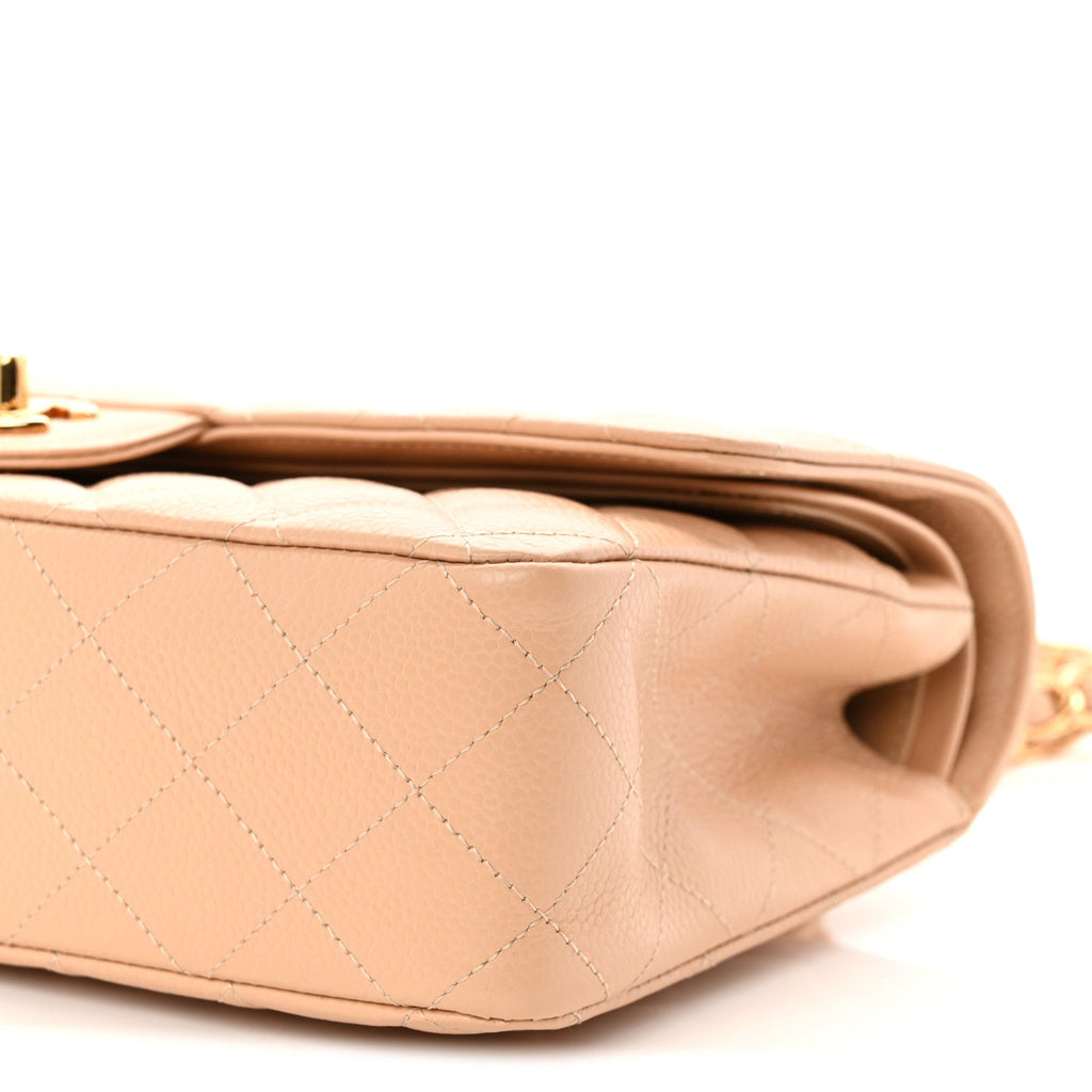 Caviar Quilted Medium Double Flap Beige