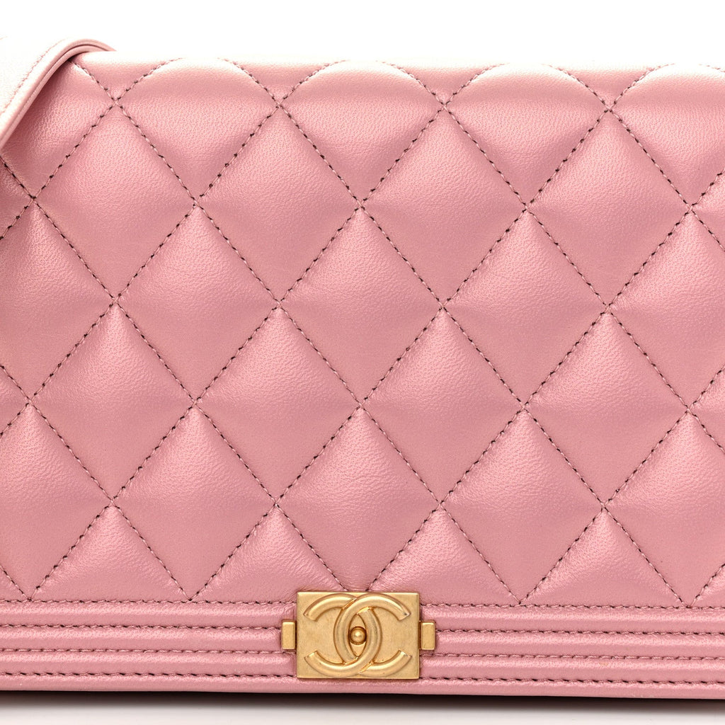 Metallic Lambskin Quilted Boy Wallet On Chain WOC Pink