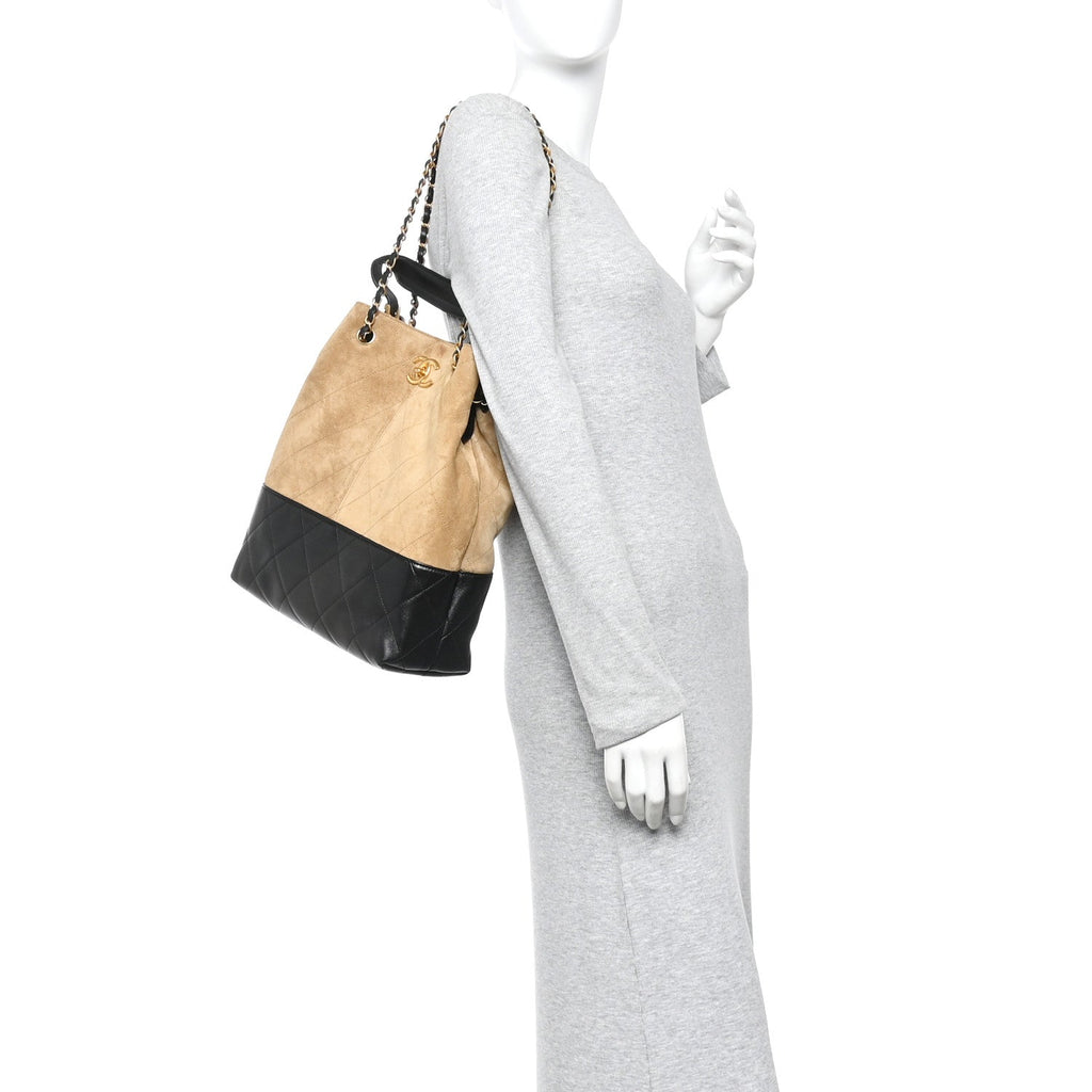 Suede Calfskin Shiny Lambskin Quilted Coco Base Shopping Bag Beige Black