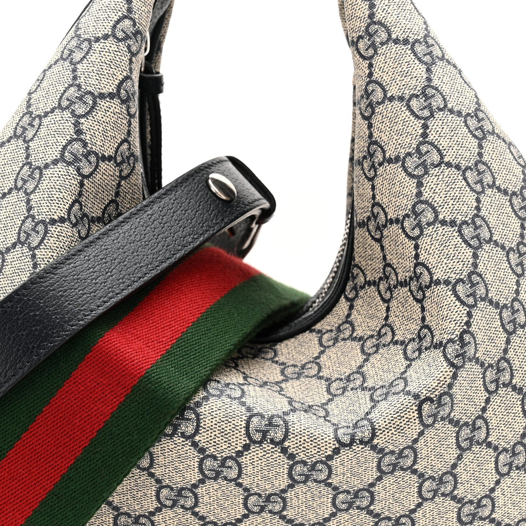 GG Supreme Monogram Textured Calfskin Web Large Attache Shoulder Bag Beige Blue