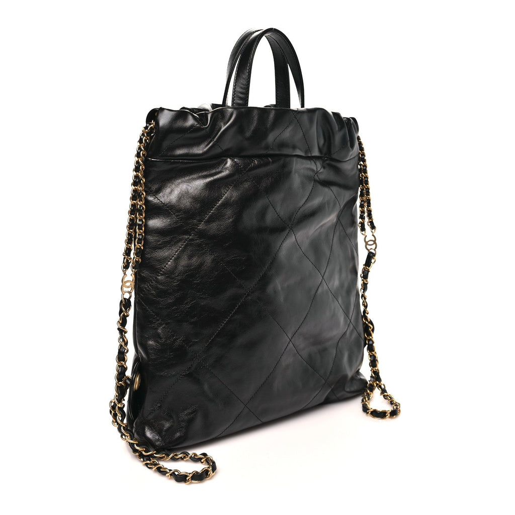 Shiny Calfskin Quilted Chanel 22 Backpack Black