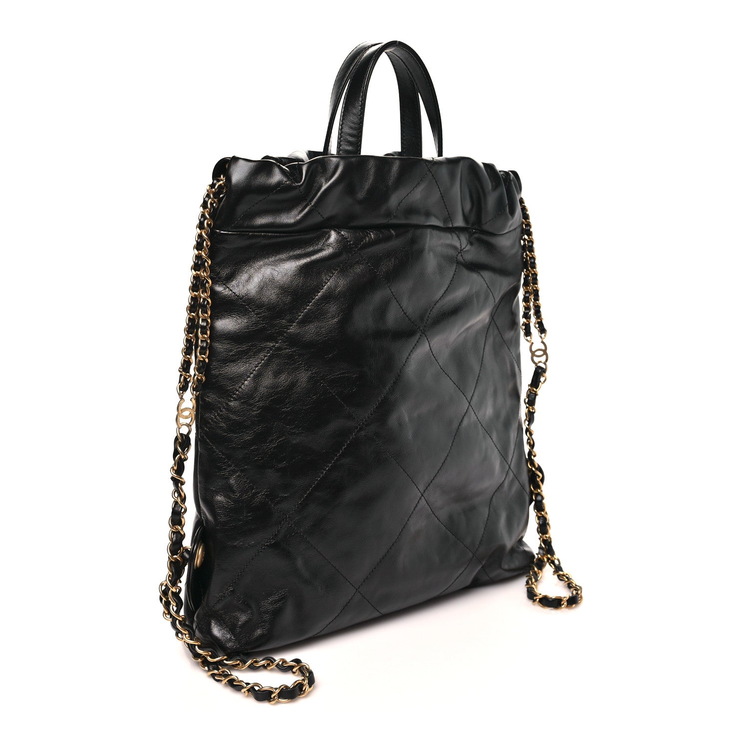 Shiny Calfskin Quilted Chanel 22 Backpack Black
