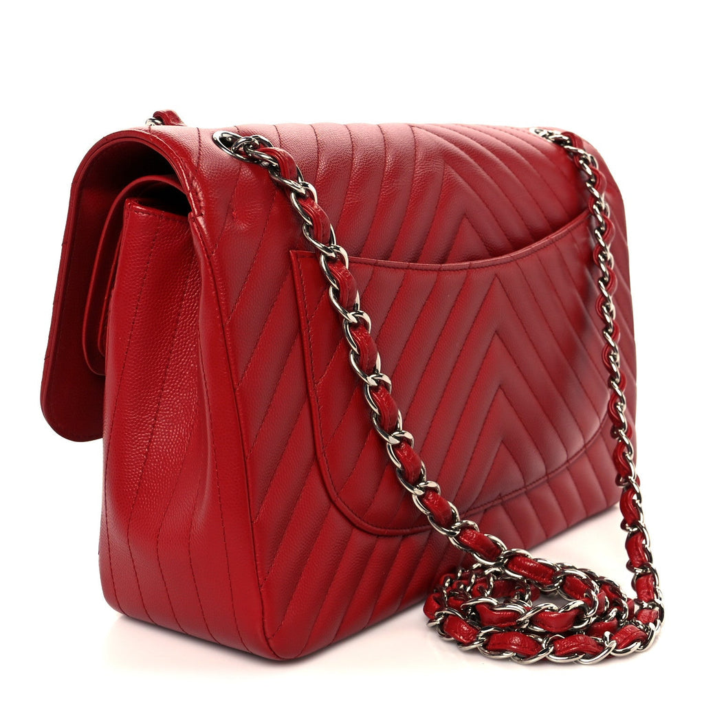 Caviar Chevron Quilted Jumbo Double Flap Dark Red