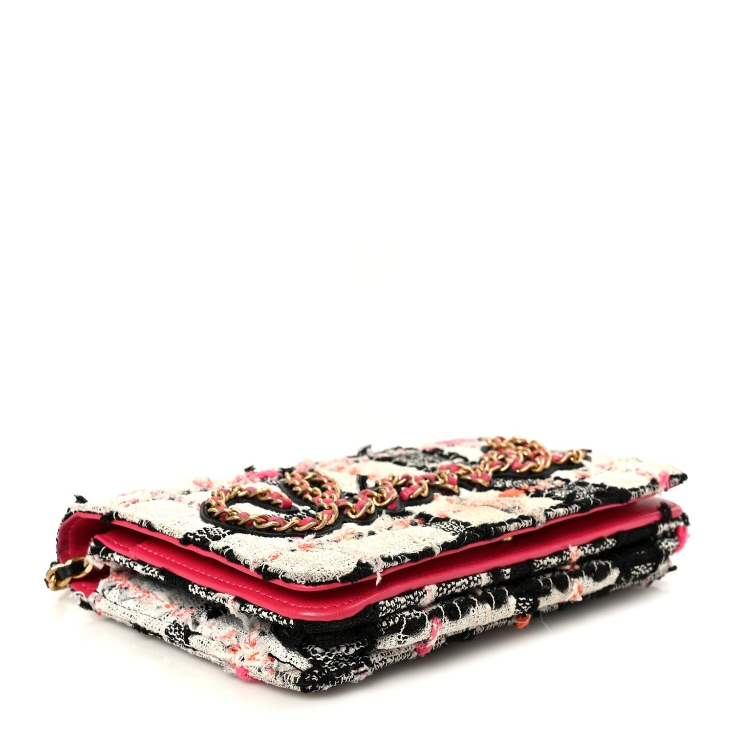Tweed Calfskin Signe Wallet On Chain WOC Black Pink Orange