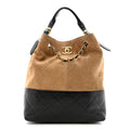 Suede Calfskin Shiny Lambskin Quilted Coco Base Shopping Bag Beige Black