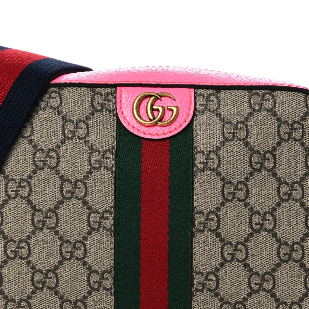 GG Supreme Monogram Textured Dollar Calfskin Web Ophidia Small Crossbody Bag Beige Ebony Fuchsia