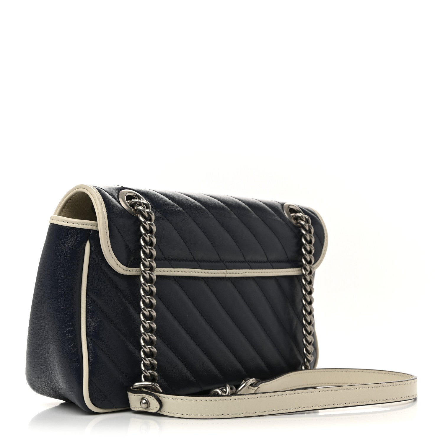 Vintage Effect Calfskin Matelasse Diagonal Small Torchon GG Marmont Shoulder Bag Blue Agata Mystic White