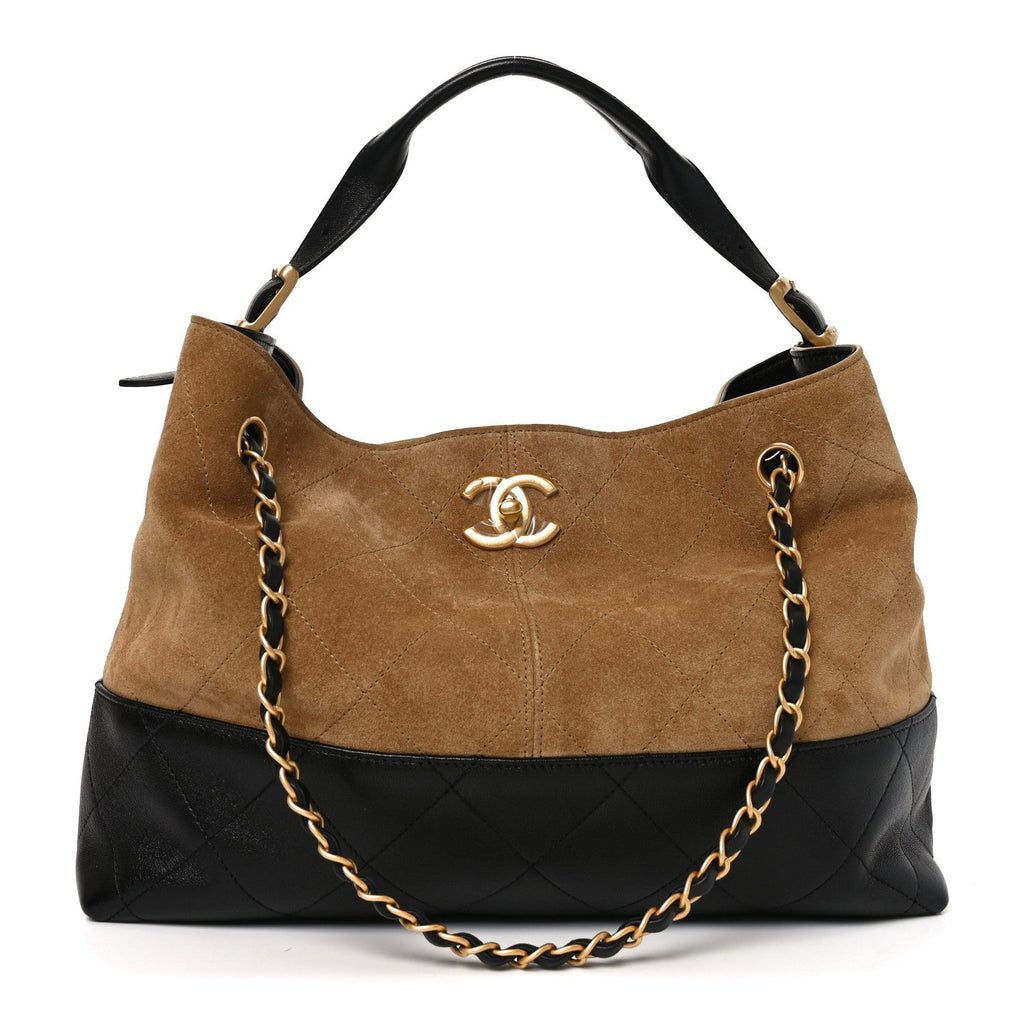 Suede Calfskin Shiny Lambskin Quilted Small Coco Base Shopping Bag Beige Black