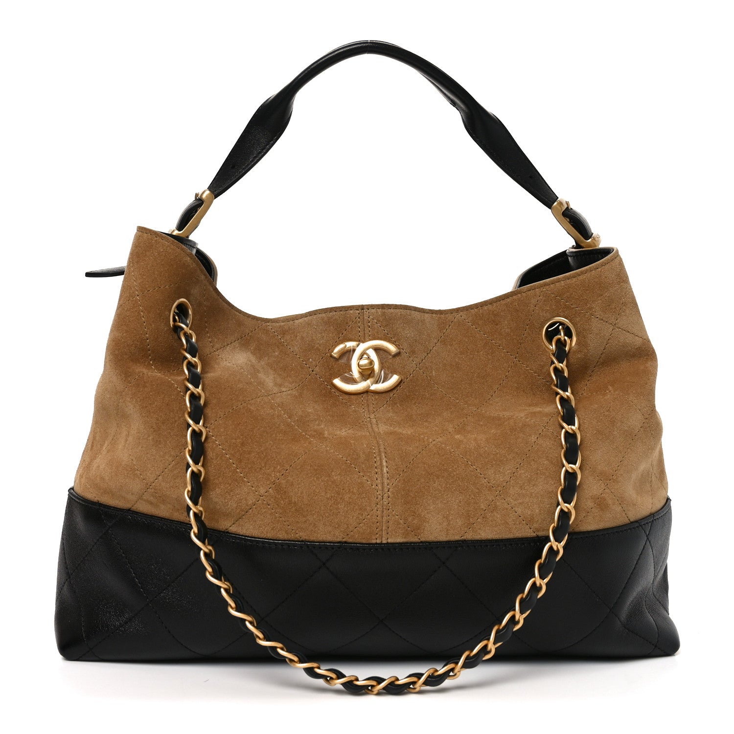 Suede Calfskin Shiny Lambskin Quilted Small Coco Base Shopping Bag Beige Black