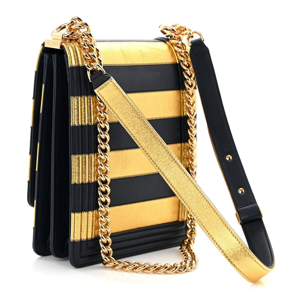 Metallic Lambskin Striped North South Boy Flap Navy Gold