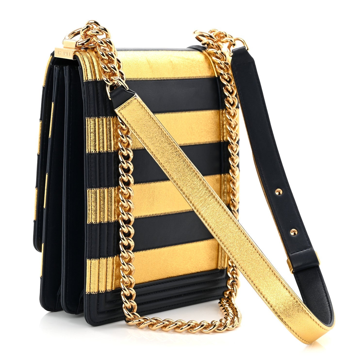 Metallic Lambskin Striped North South Boy Flap Navy Gold