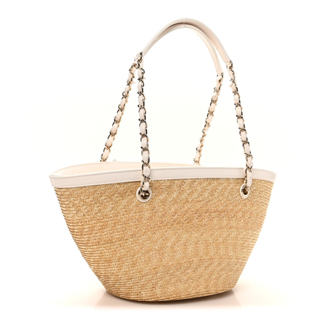 Raffia Braided Lambskin Small Shopping Tote Beige White