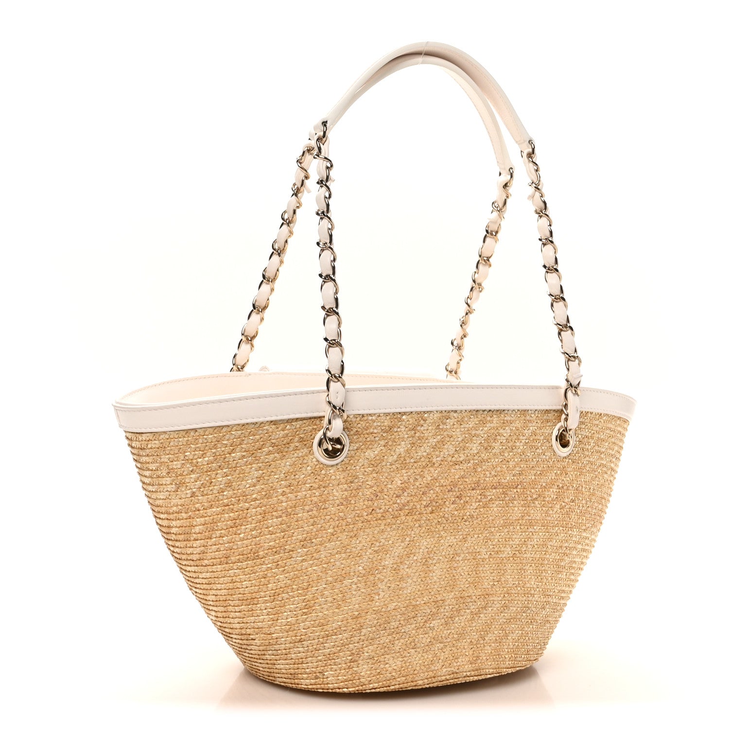 Raffia Braided Lambskin Small Shopping Tote Beige White