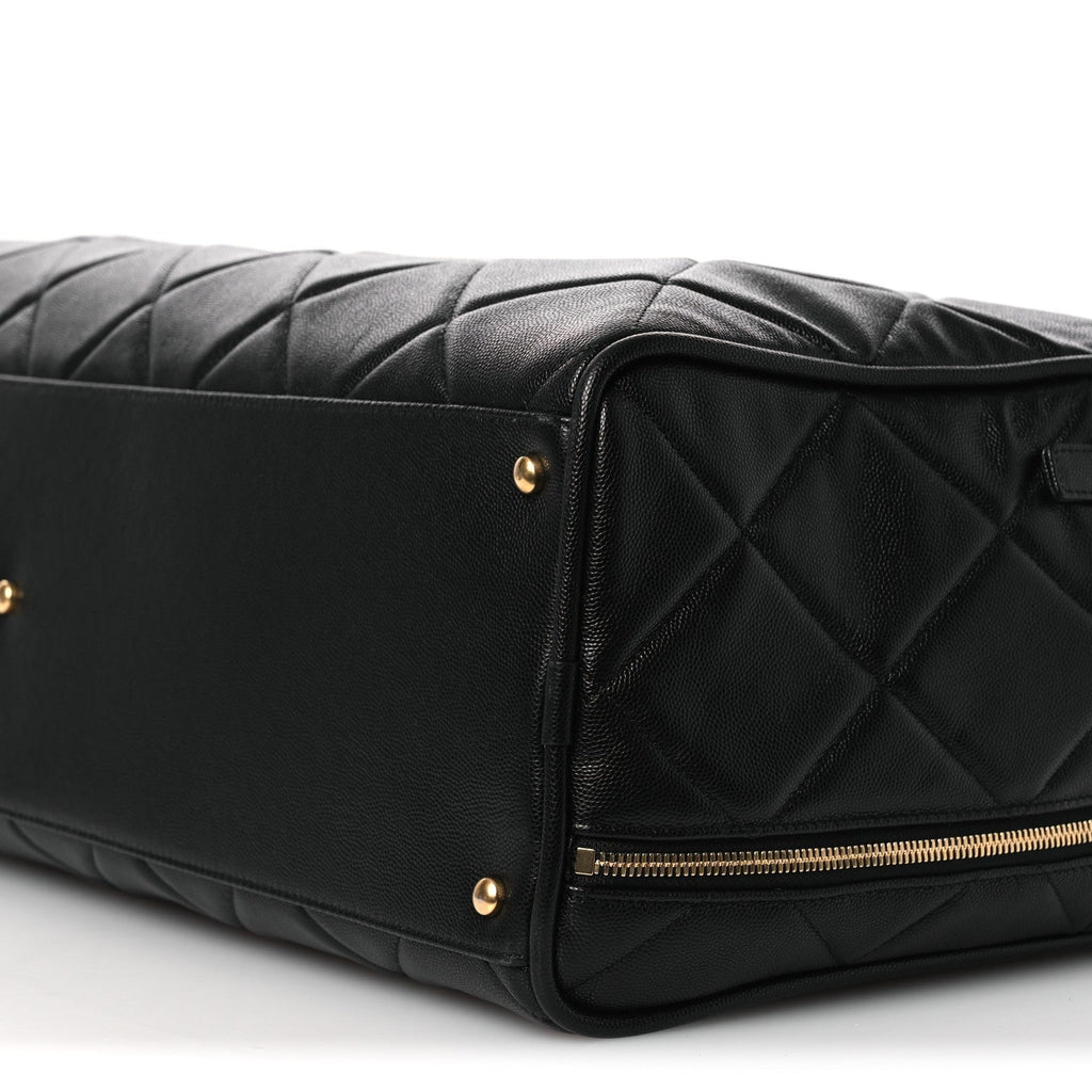 Shiny Grained Calfskin Quilted Large Travel Bowling Bag Black