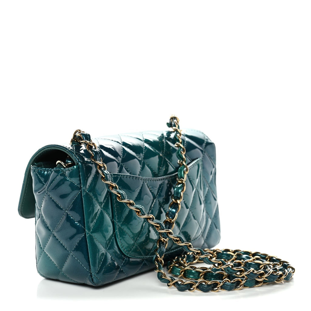 Shaded Patent Calfskin Quilted Mini Rectangular Flap Green Blue