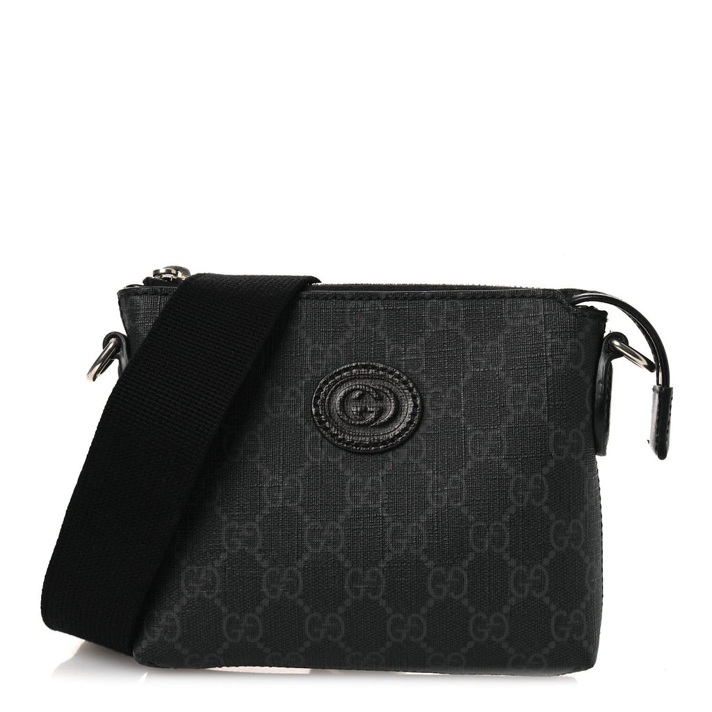 GG Supreme Monogram Azalea Calfskin Small Retro Interlocking G Wristlet Messenger Bag Black