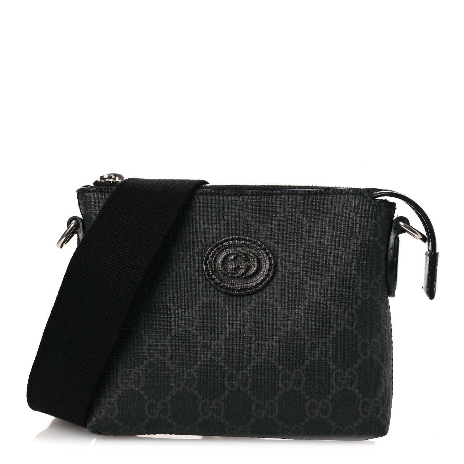 GG Supreme Monogram Azalea Calfskin Small Retro Interlocking G Wristlet Messenger Bag Black