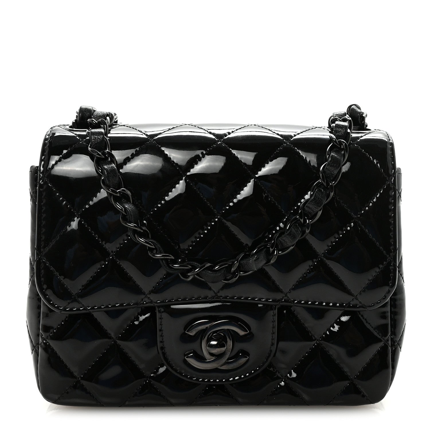 Patent Calfskin Quilted Mini Square Flap So Black