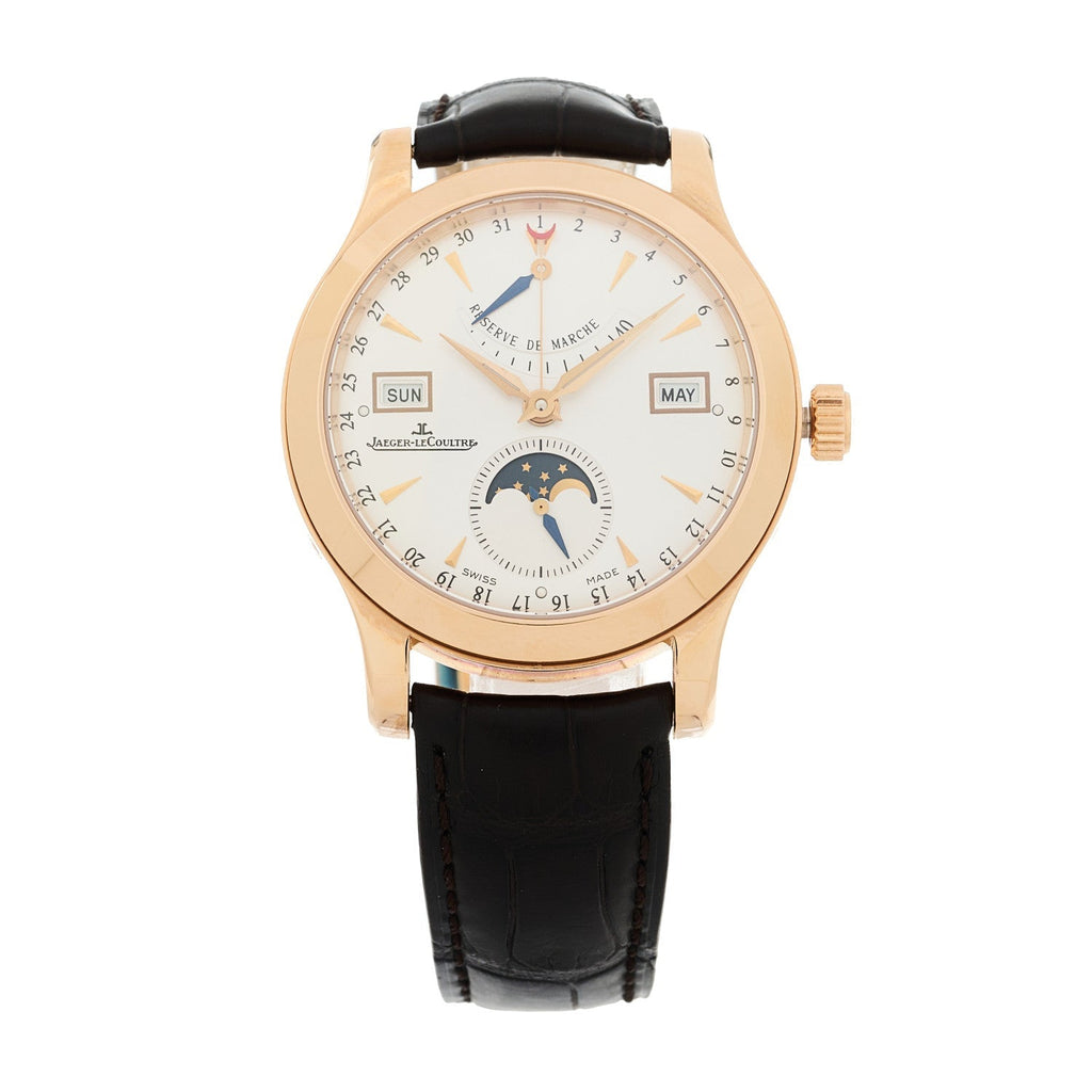 18K Rose Gold Alligator 37mm Master Calendar Moon Phase Automatic Watch Silver Q151242A