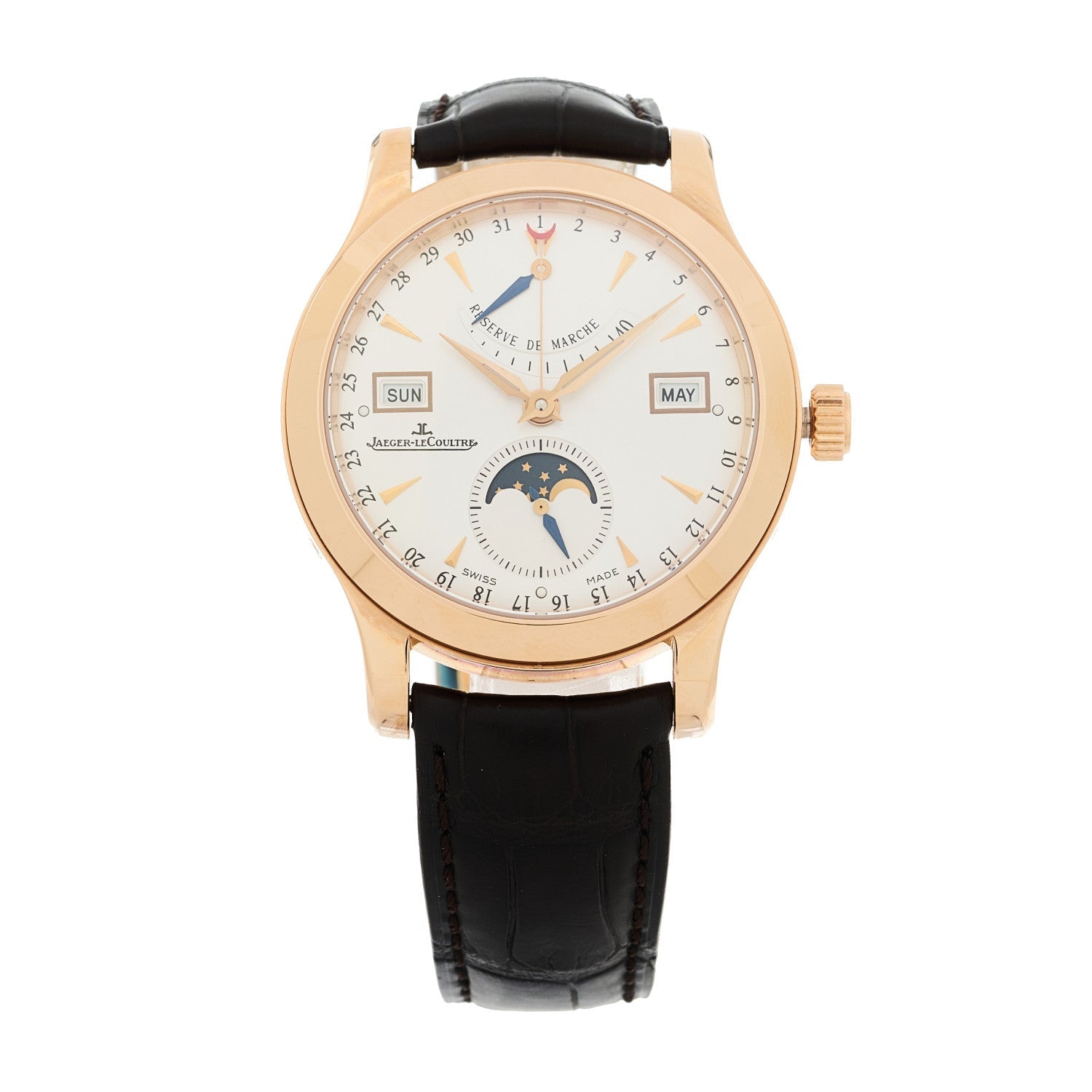 18K Rose Gold Alligator 37mm Master Calendar Moon Phase Automatic Watch Silver Q151242A