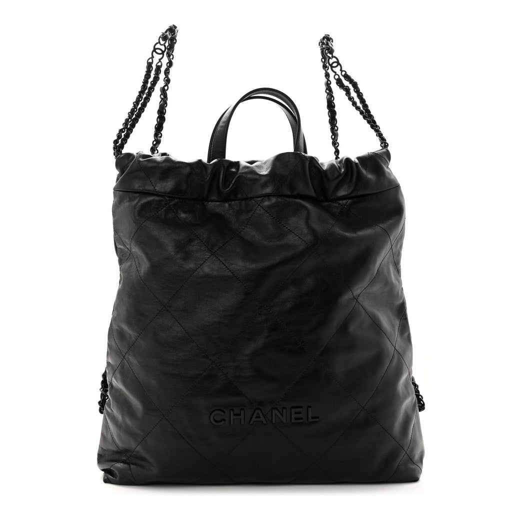 Shiny Calfskin Quilted Chanel 22 Backpack So Black