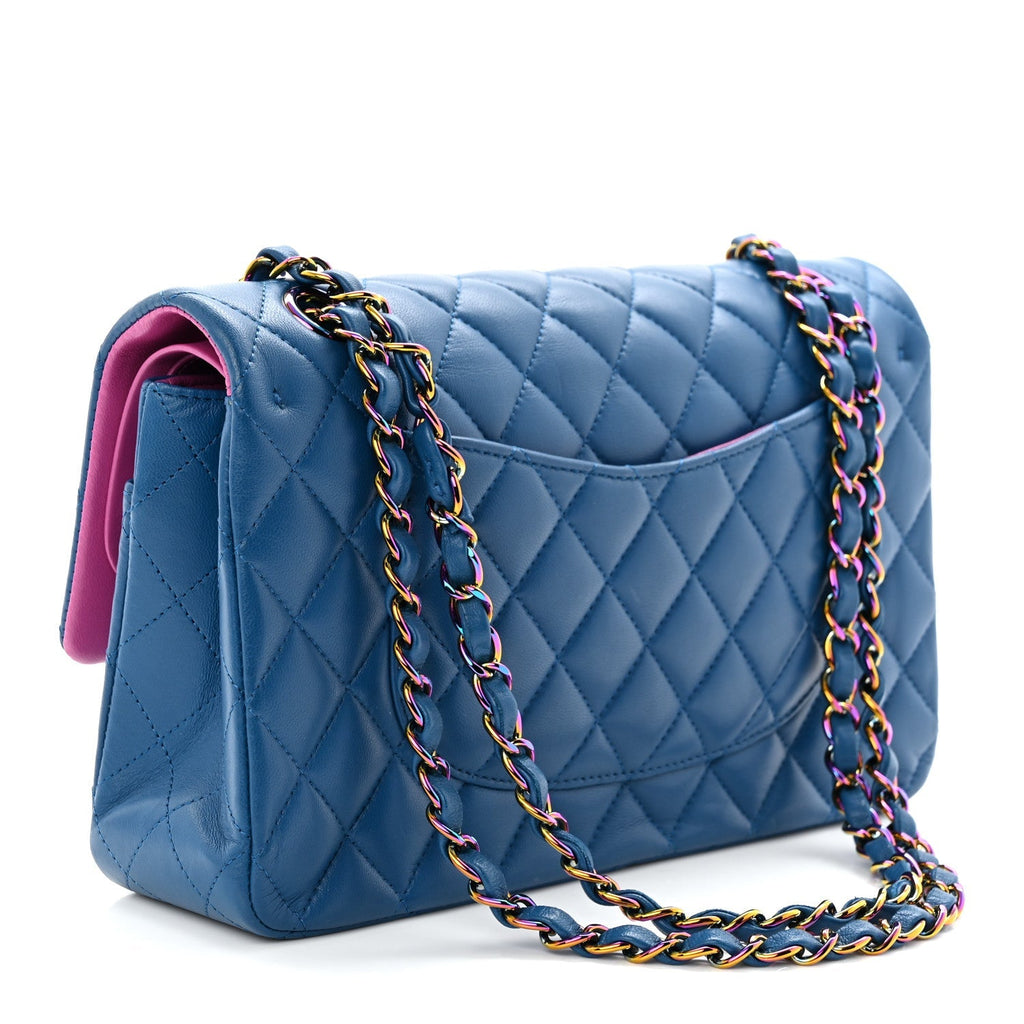 Lambskin Quilted Medium Double Flap Blue Pink