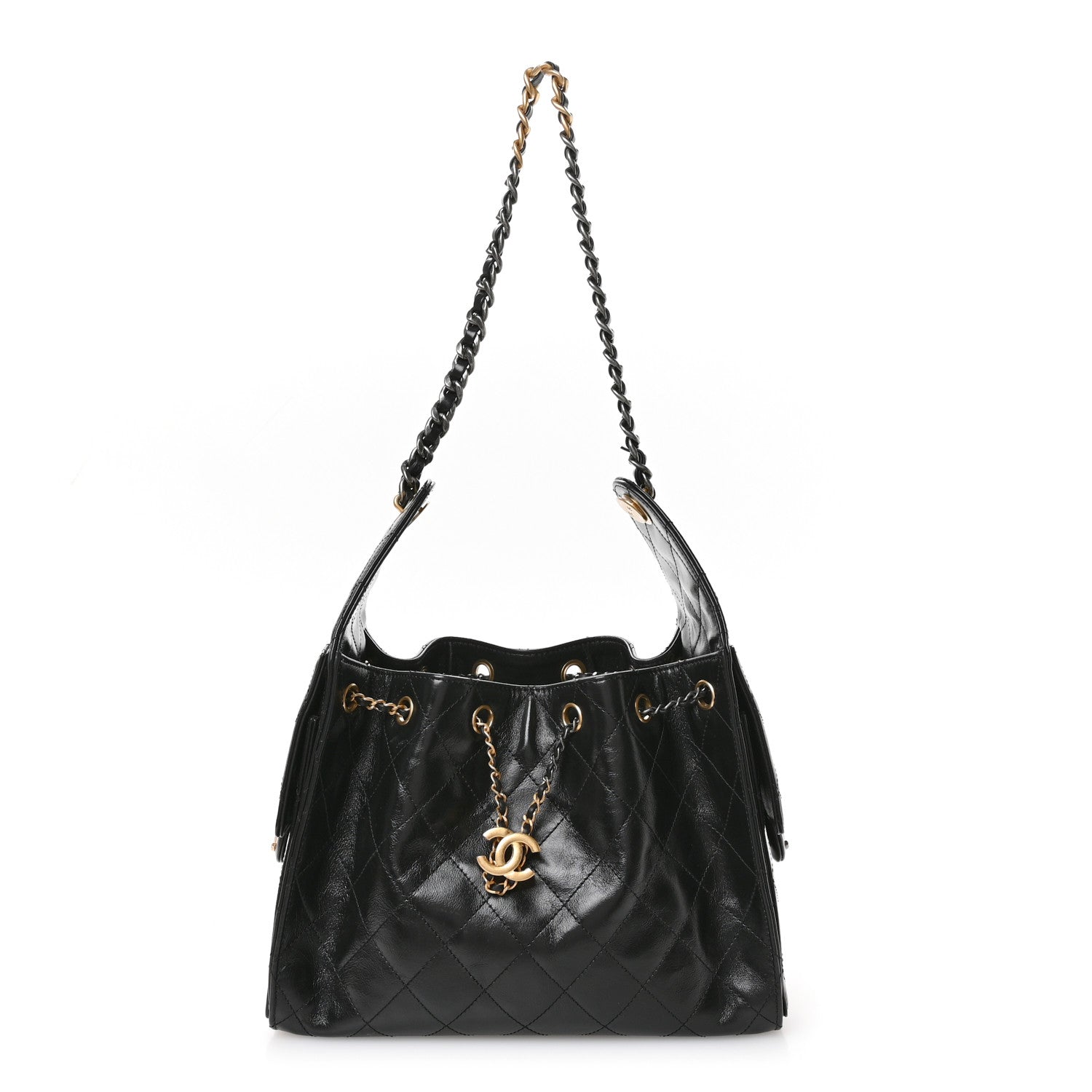 Shiny Crumpled Calfskin Quilted Small Chanel 25 Handbag Black