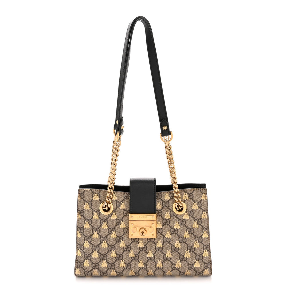 GG Supreme Monogram Bees Small Padlock Tote Beige Oro Black