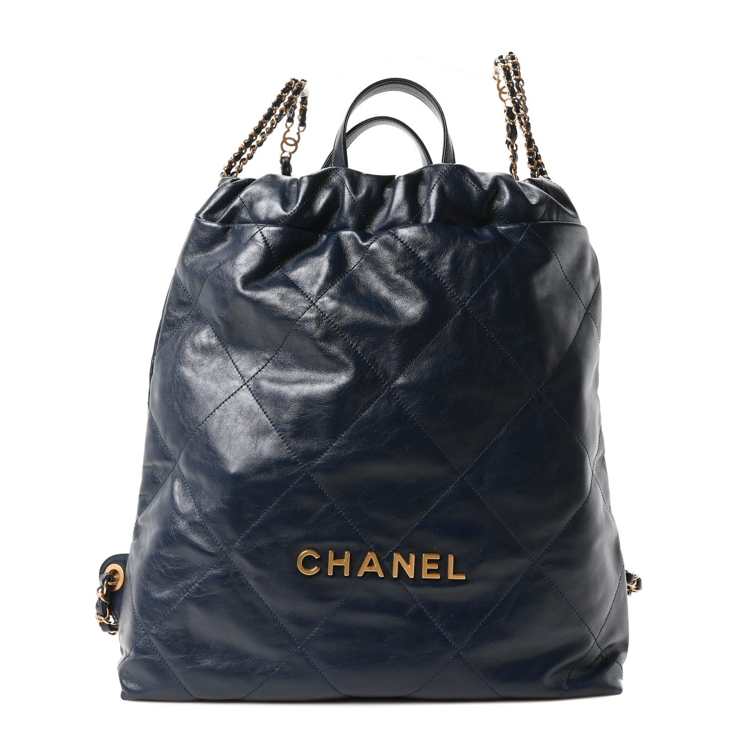 Shiny Calfskin Quilted Chanel 22 Backpack Dark Blue
