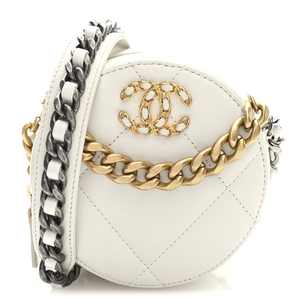 Shiny Goatskin Quilted Chanel 19 Round Clutch With Chain White
