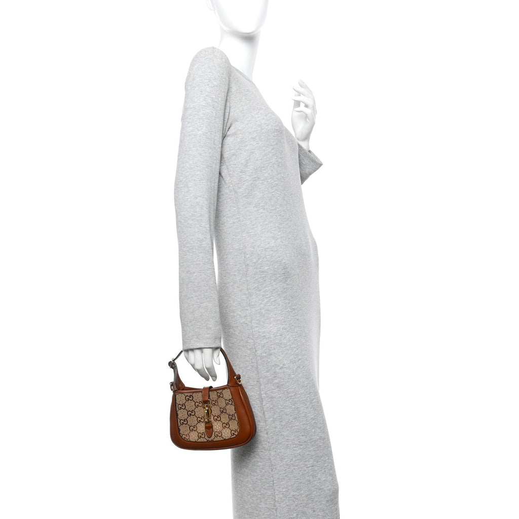New Canvas Charisma Calfskin Crystal GG Monogram Mini Jackie 1961 Hobo Camel Ebony