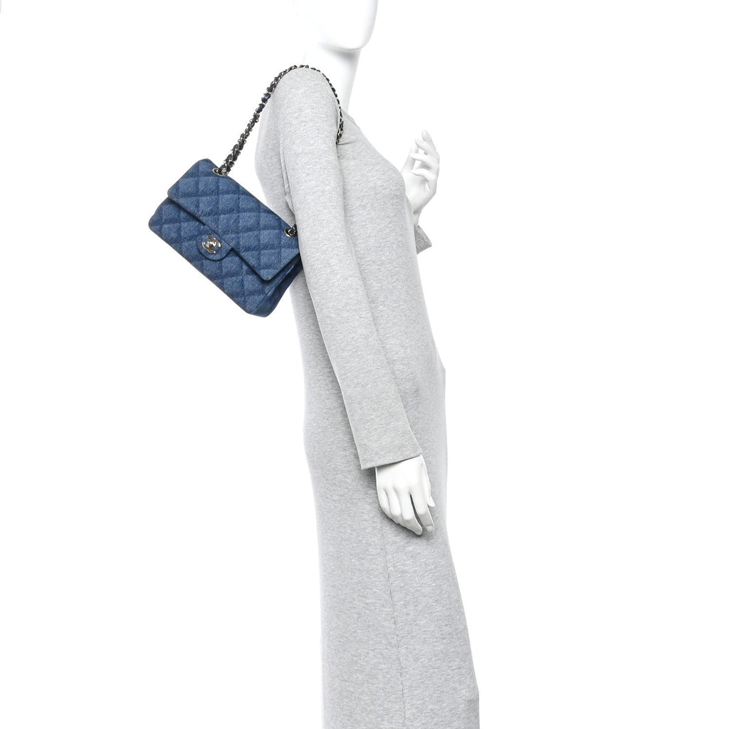 Printed Denim Quilted Small Double Flap Blue
