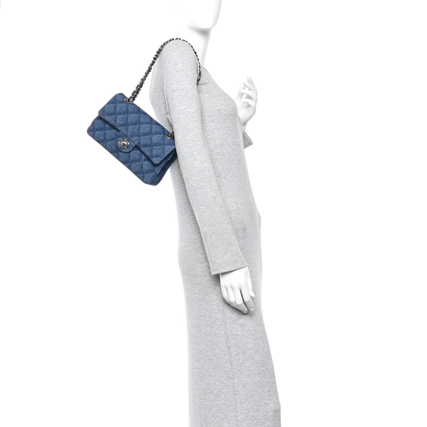 Printed Denim Quilted Small Double Flap Blue