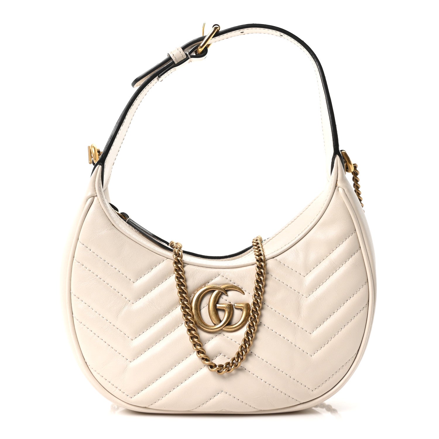 Calfskin Matelasse Chevron Mini GG Marmont Half Moon Hobo Mystic White