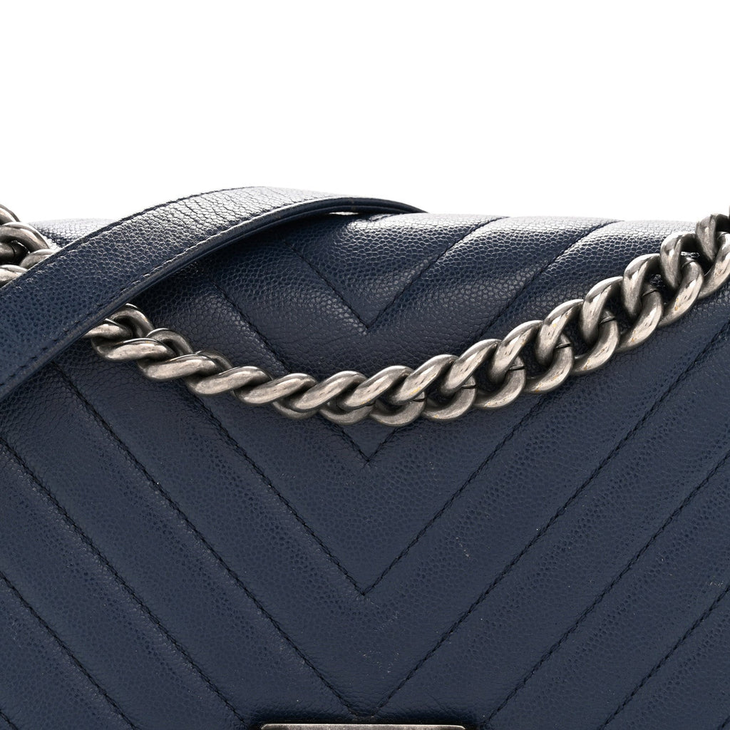 Caviar Chevron Quilted Medium Boy Flap Navy
