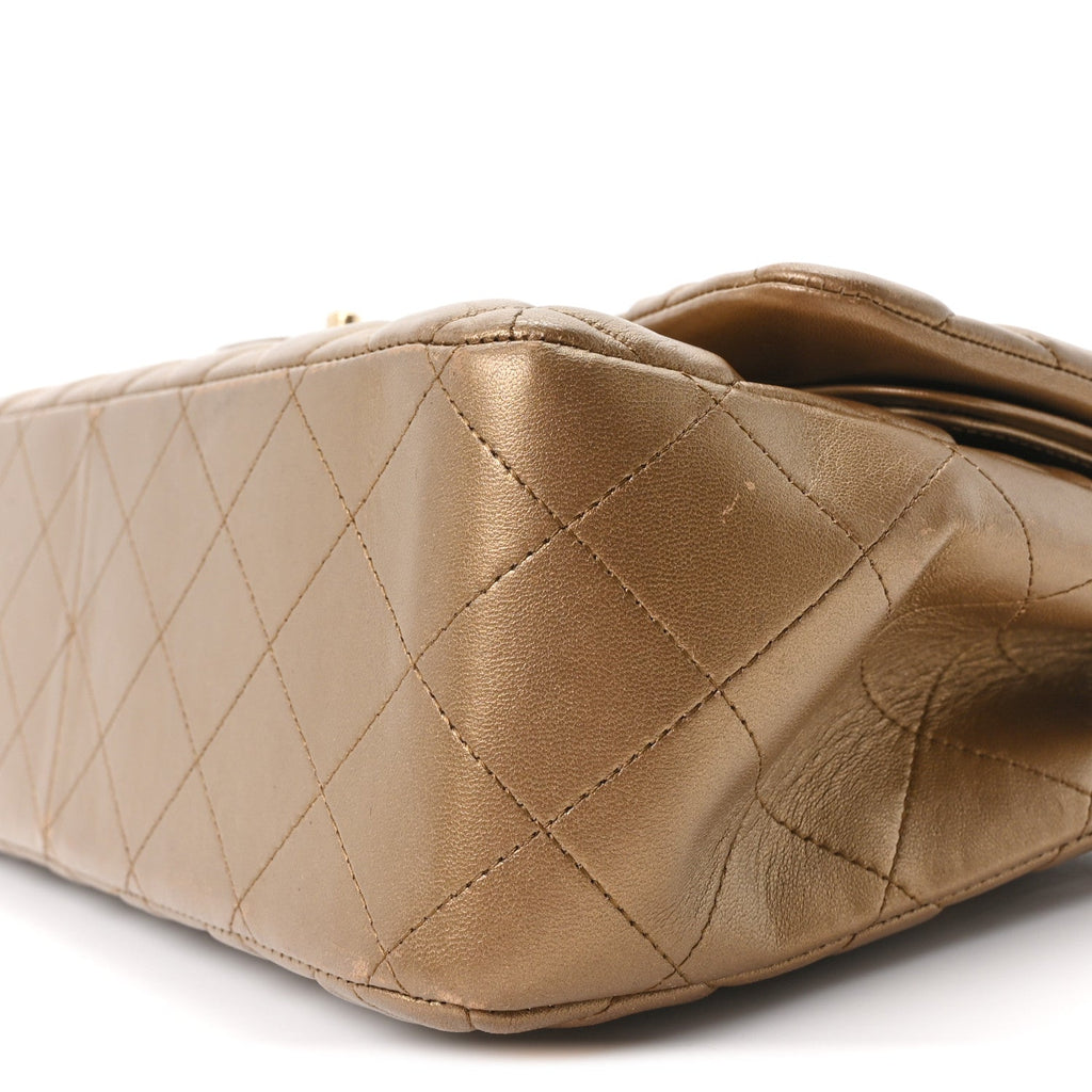 Metallic Lambskin Quilted Jumbo Double Flap Khaki
