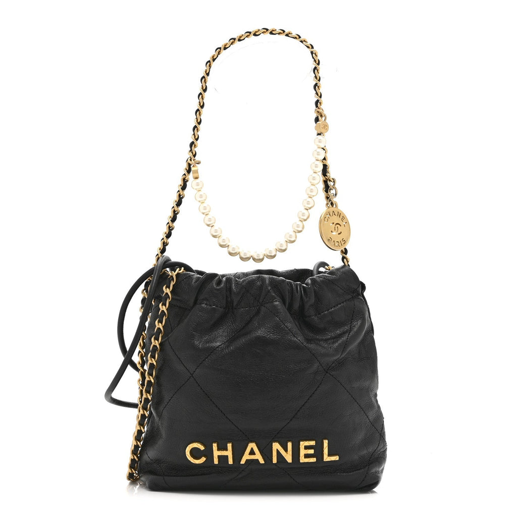 Shiny Crumpled Calfskin Quilted Pearl Mini Chanel 22 Black