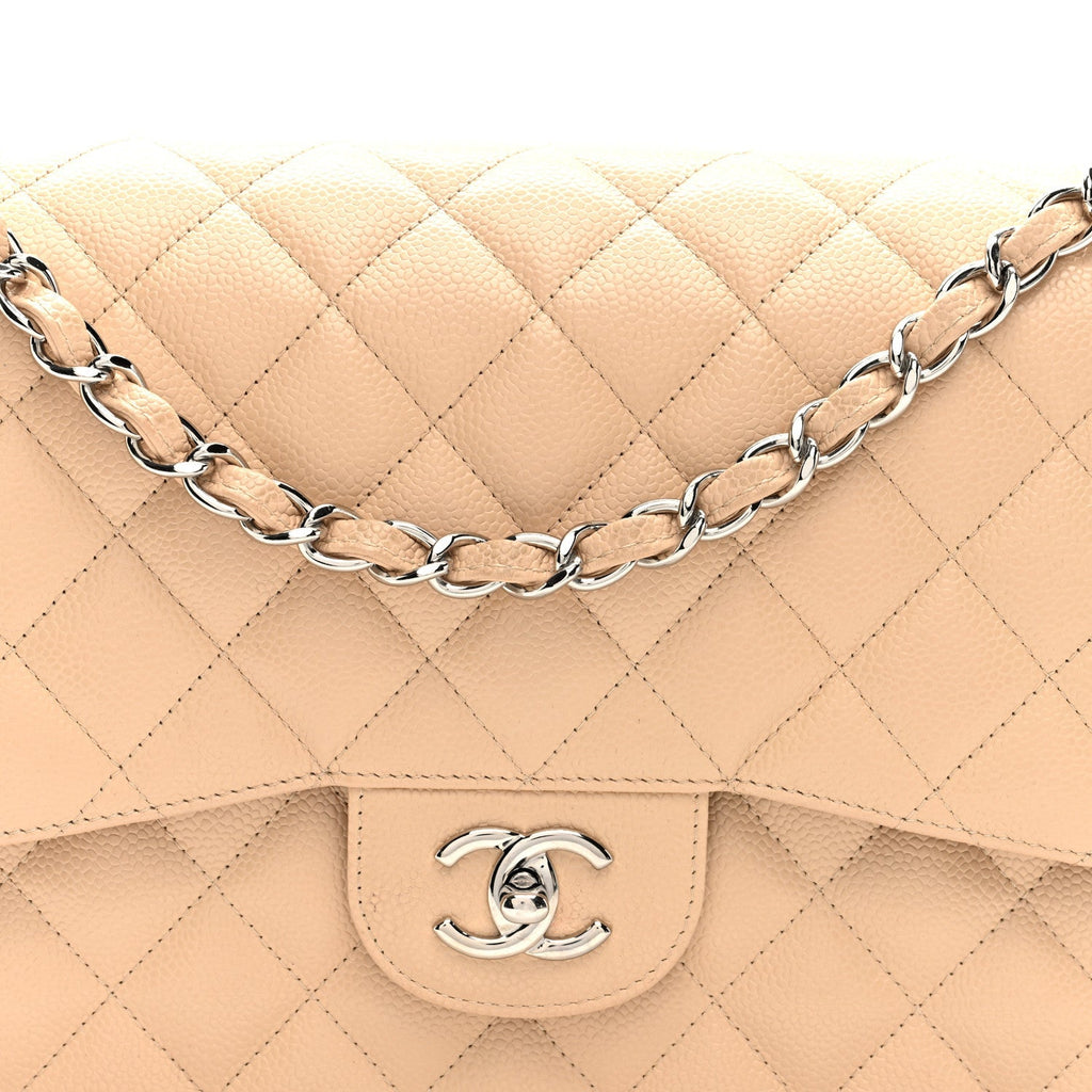 Caviar Quilted Jumbo Double Flap Beige