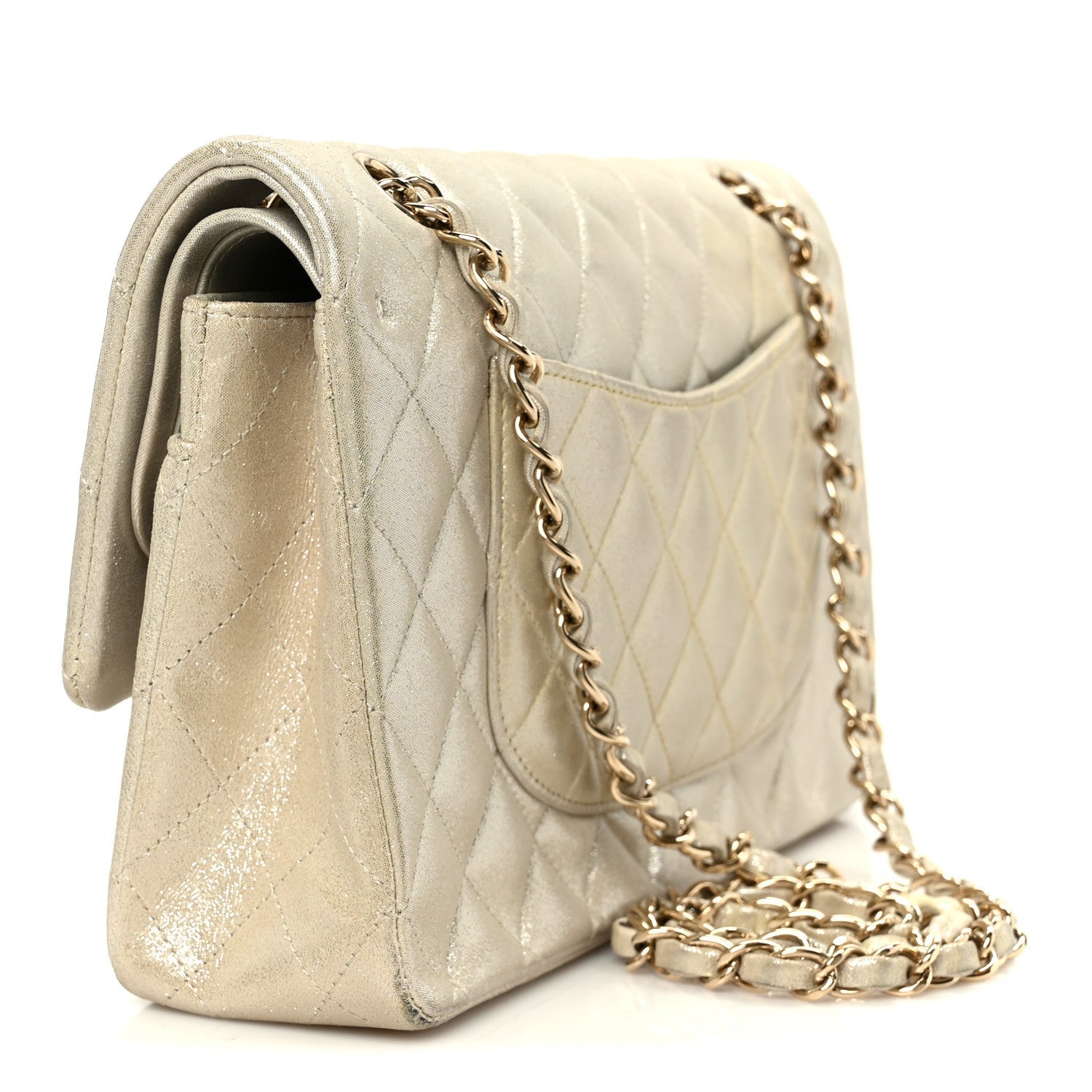 Metallic Canvas Quilted Medium Double Flap Light Gold