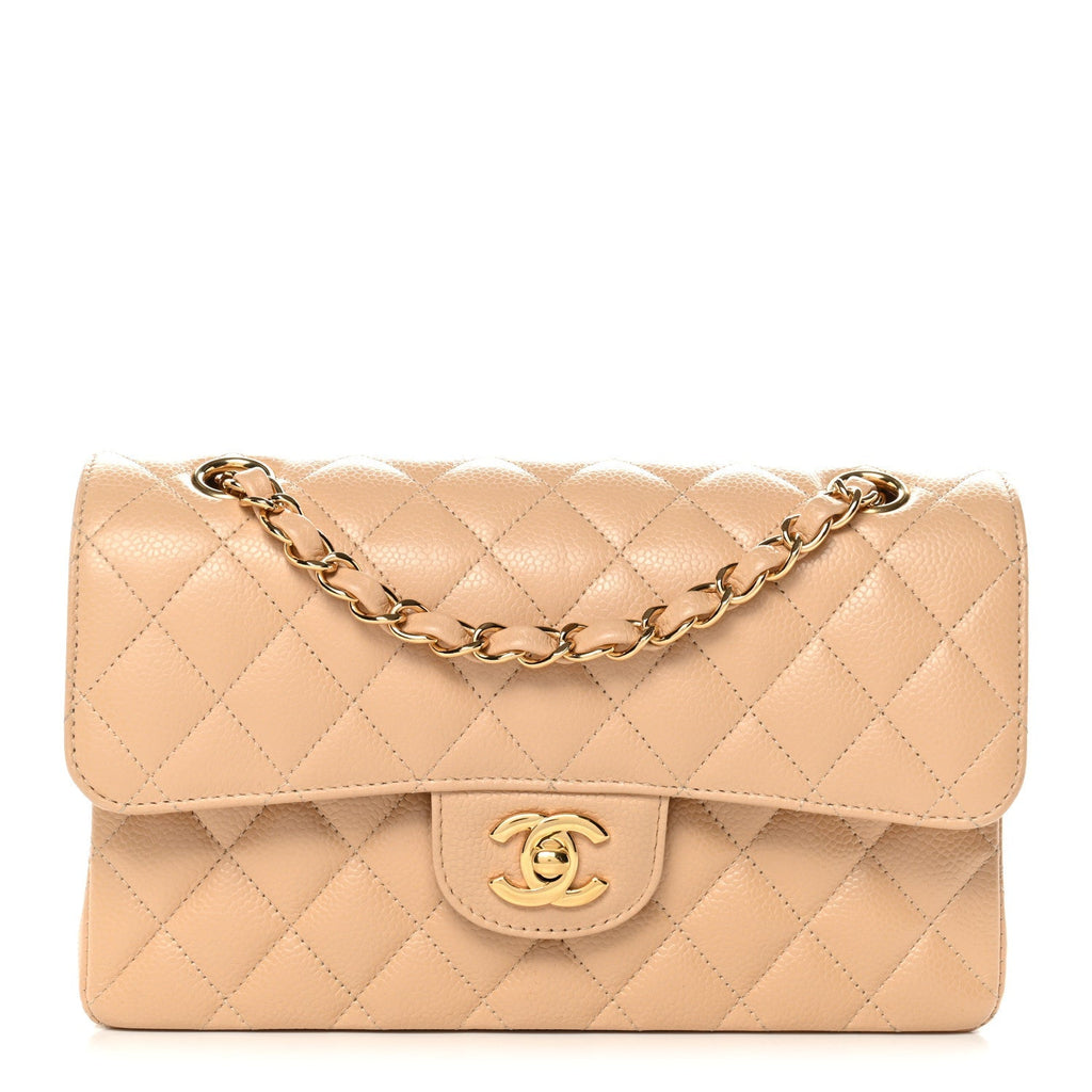 Caviar Quilted Small Double Flap Beige