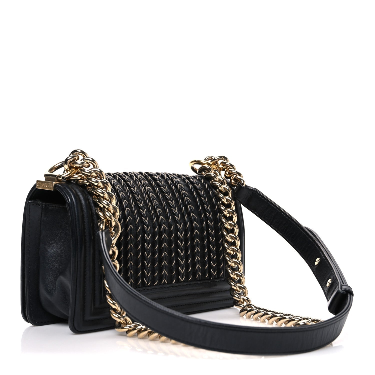 Calfskin Braided Small Boy Flap Black