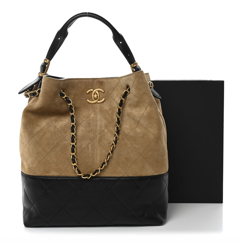 Suede Calfskin Shiny Lambskin Quilted Coco Base Shopping Bag Beige Black