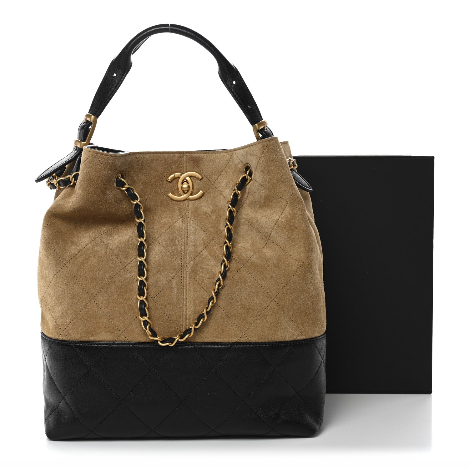 Suede Calfskin Shiny Lambskin Quilted Coco Base Shopping Bag Beige Black