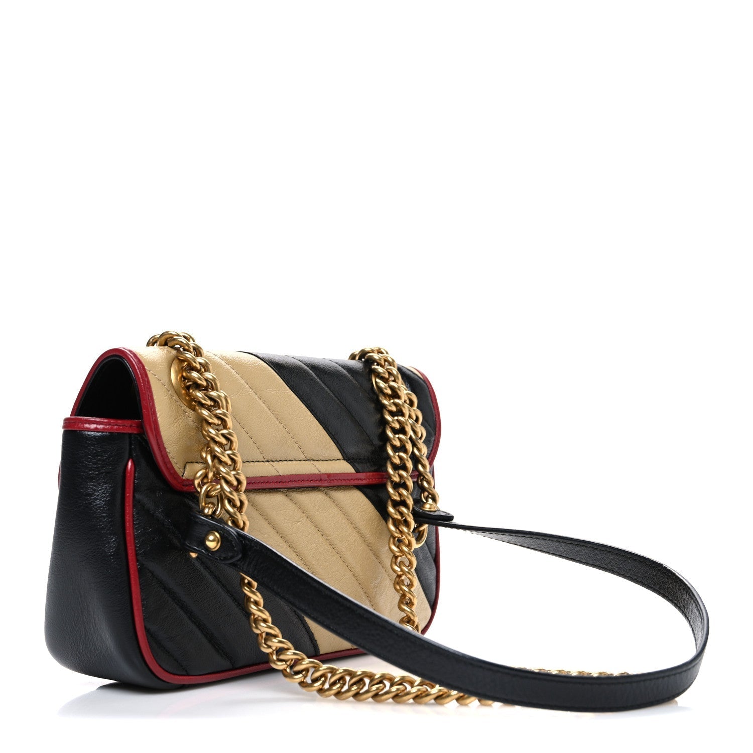 Vintage Effect Calfskin Matelasse Diagonal Striped Mini Torchon GG Marmont Shoulder Bag Black Beige